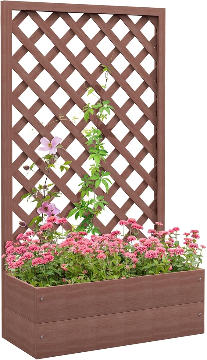 Raised Garden Bed with Trellis Lattice Wood Planter Box with Self Draining Gap Freestanding Trellis Planter for Climbing Plants Vines Flowers 29.5 x 13.25 x 53.25 Light Brown