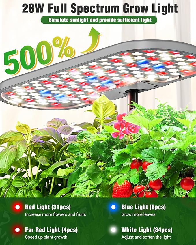 Hydroponics Growing System Kit 16 Pods Indoor Garden with 28W Full Spectrum LED Grow Light Auto Timer 3 Smart Light Modes 8L Large Herb Garden Ideal Gardening Gift for Women Men (Gray)