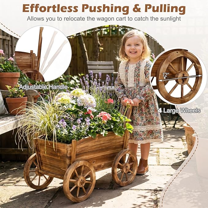 Giantex Wood Wagon Planter Rustic Rolling Flower Pot Stand with Wheels Handle &amp Drainage Hole for Growing Vegetables Herbs Indoor Outdoor Decorative Cart for Patio Balcony Garden