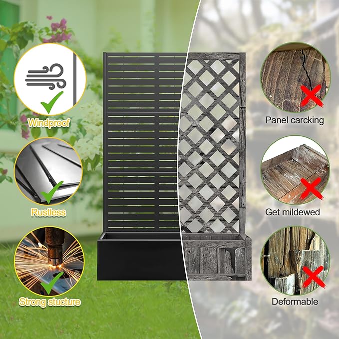 FENCY Metal Raised Garden Bed with Trellis Metal Planter Box with Trellis Garden Box for Climbing Plants Vegetable 35 Lx16 Wx71 H Garden Bed with Drainage Holes(Black-Louvered)