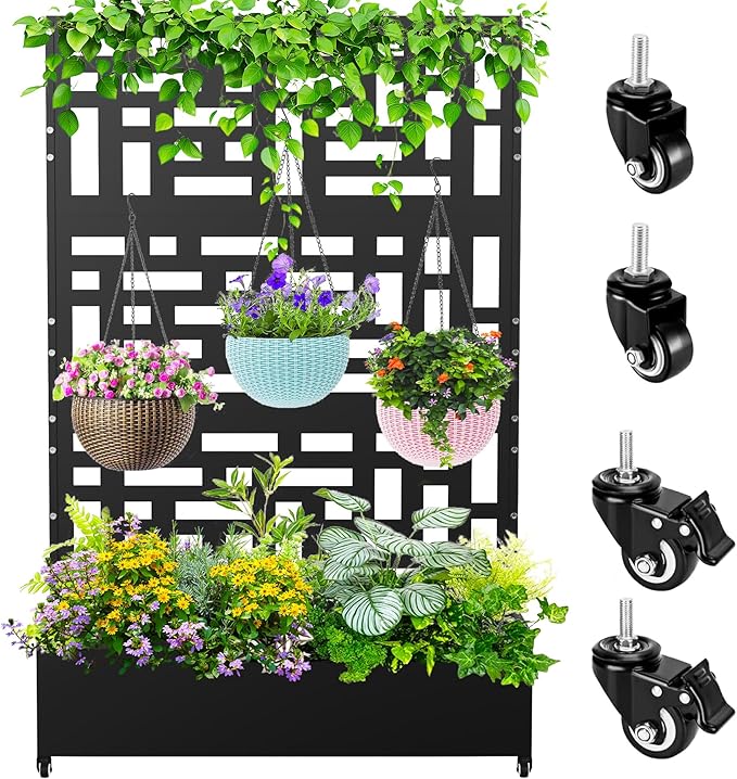 Nexum Metal Planter Box with Trellis &amp Wheels 71x47x16 Planter Boxes Outdoor with Drainage Holes Privacy Planters for Patio Balcony Backyard Poolside
