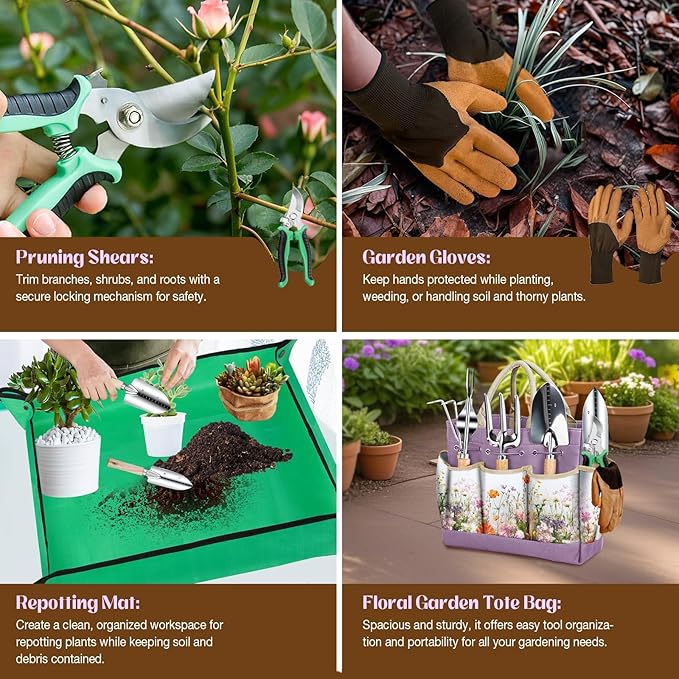 Gardening Tools 9-Piece Heavy-Duty Garden Tools Set Stainless Steel Garden Hand Tools with Purple Floral Tote Bag and Repotting Mat Garden Supplies Kit Gifts for Women