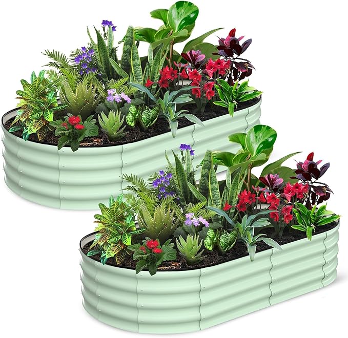 Raised Garden Bed 6x3x1ft Oval 2 Pcs Galvanized Planter Boxes Outdoor Metal Raised Beds for Vegetables Flowers Open Base Tool-Free Assembly Garden Planter
