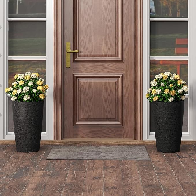 Giantex 21” Tall Plastic Planters Set of 2 Round Tapered All Weather Flower Pots with Drainage System Indoor Outdoor Stackable Decorative Plant Containers for Front Porch Home Garden (Black)