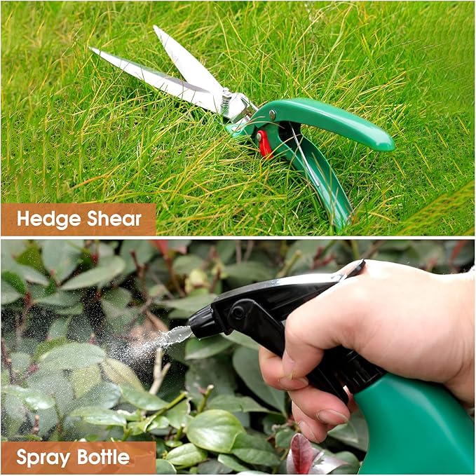 11 Pcs Garden Tools Set with Gloves Heavy Duty Trowel Rake Weeder Pruner Shears Sprayer with Ergonomic Handle Garden Hand Tools with Carrying Case Gardening Gifts for Women Men Green