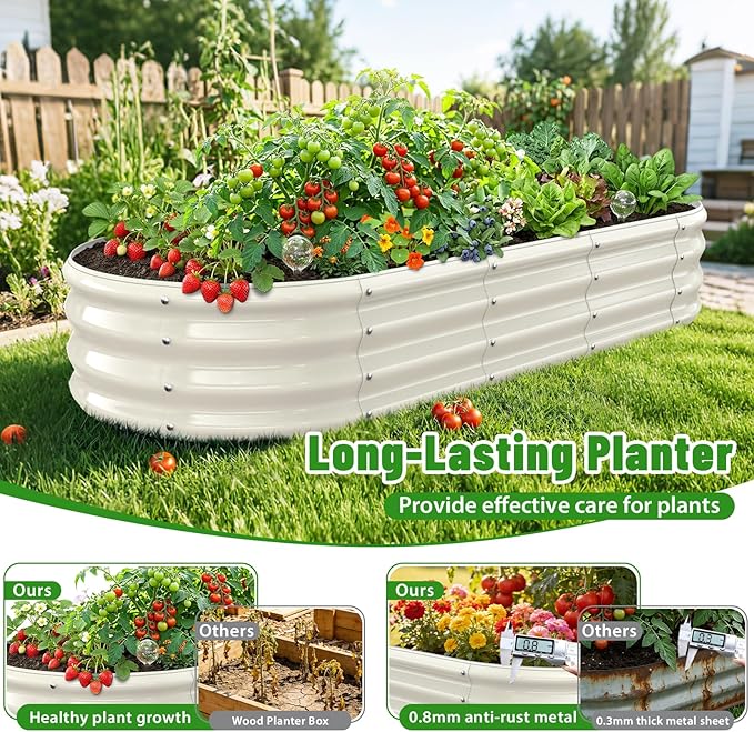 Oval Raised Garden Bed 5 x 2 x 1FT Galvanized Steel Planter Box with Wave-Shaped Metal Panels Painted for Outdoor FlowerTreeHerb &amp Vegetable Garden (White 60X24X12 inches)