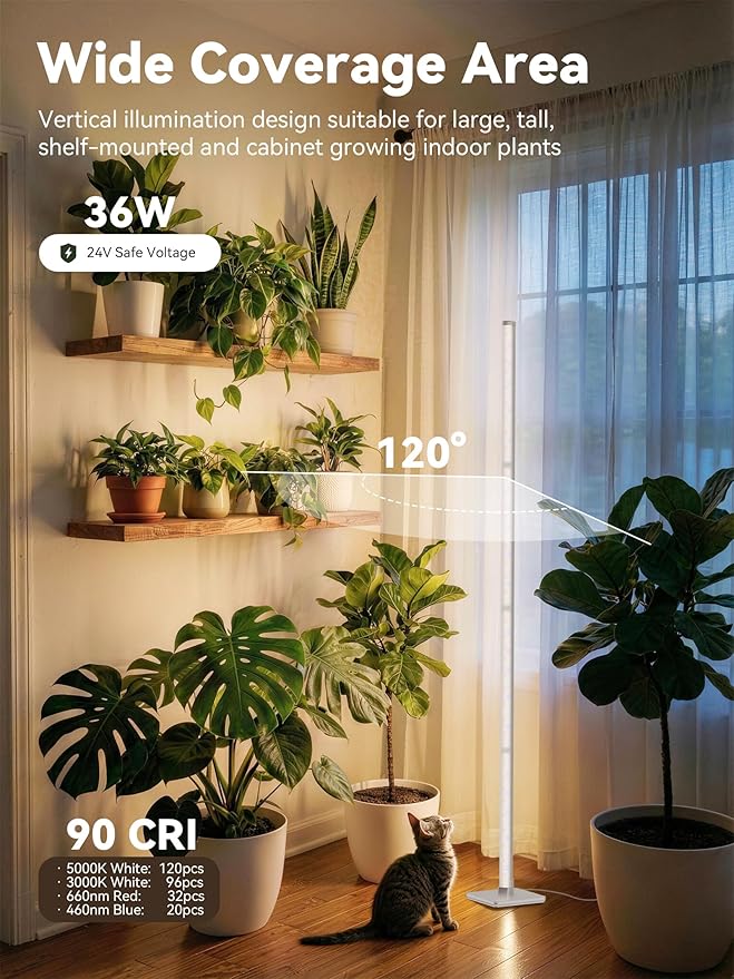 GLOWRIUM Grow Lights for Indoor Plants 36W Vertical Plant Grow Lights with Auto-Timer Full Spectrum LED Standing Plant Grow Light 3 Light Modes 6-Level Dimmable (60 in(Silver))