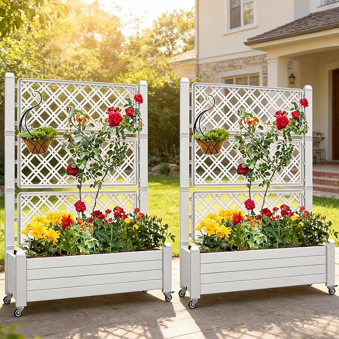 YITAHOME 43.3x17.7x61 in Planter Boxes Outdoor with Trellis 2pcs Resin Raised Garden Bed with Wheels &amp Drain Plug for Climbing Plants White