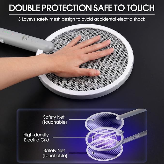 Electric Fly Swatter Racket 2 Pack 2 in 1 Bug Zapper with USB Rechargeable Base 4000 Volt Mosquito Killer with 3-Layer Safety Mesh for Pest Insect Control for Indoor、Office、Backyard、Camping