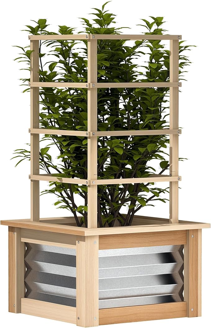 Outsunny Raised Garden Bed with Trellis Wooden Planter Box with Galvanized Steel Sides Raised Flower Bed for Climbing Plants Flowers Fruits and Vegetables Natural Wood