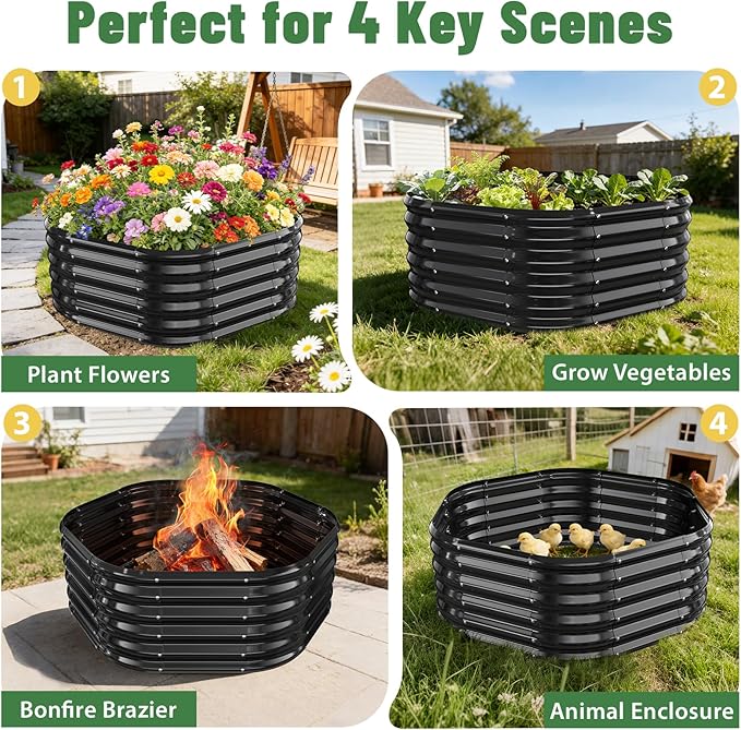 Hexagon Raised Garden Bed 48 Inch Diagonal &amp 16.5 Inch Tall Galvanized Steel Planter Box with Wave-Shaped Metal Panels for Outdoor FlowerTreeHerb &amp Vegetable Garden (Black 4FT X 1.5FT)