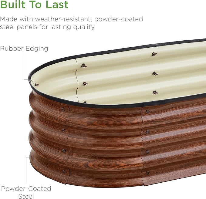 Best Choice Products 4x2x1ft Outdoor Metal Raised Garden Bed Oval Deep Root Planter Box for Vegetables Flowers Herbs and Succulents w/ 51 Gallon Capacity Rubber Edge Guard - Wood Grain