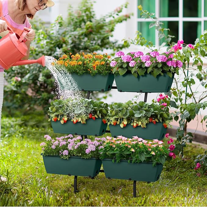 2 Column Vertical Raised Garden Beds 6 Planter Boxes Standing Garden Bed Outdoor/Indoor Herb Garden Tiered Planter with Drainage Holes &amp Removable Trays for Flowers/Vegetables/Plants (Green)