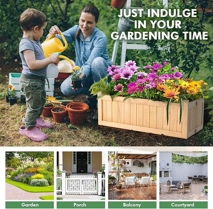 S AFSTAR Outdoor Wooden Planter Box Folding Raised Garden Bed W/Drainage Hole Patio Rectangle Plant Container for Flowers Vegetables Fruits Herbs Collapsible Planting Box for Yard