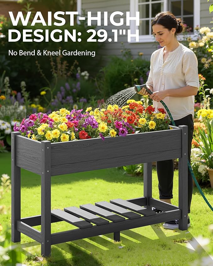 SERWALL Raised Garden Bed with Legs 43×17×30 Large HDPE Elevated Planter Box for Vegetables Flower Herb Patio All Weather Use- Gray
