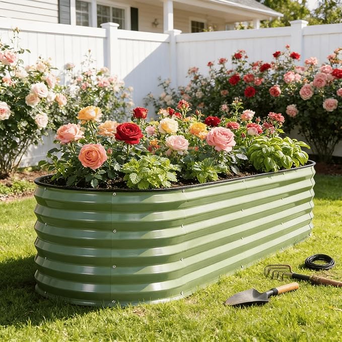 G GOOD GAIN Raised Garden Beds - 8x2x1.4ft Galvanized Planter Boxes Kit with Protective Tape &amp Gloves &amp Tools | Oval Metal Outdoor Raised Bed for Gardening Vegetables Fruits Flowers Herbs