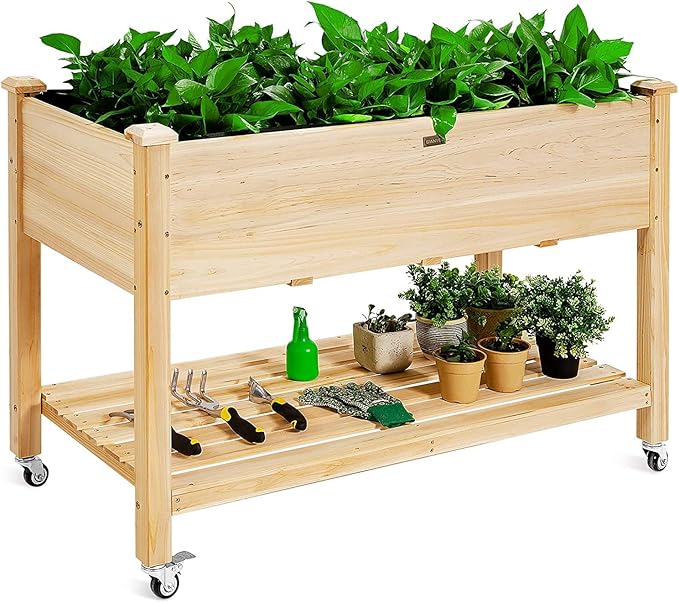 S AFSTAR Raised Garden Bed with Wheels 48 L X 24 W X 33 H Wooden Elevated Planter w/Lockable Wheels Storage Shelf Bed Liner Raised Garden Boxes for Backyard Patio Balcony 110lb Capacity