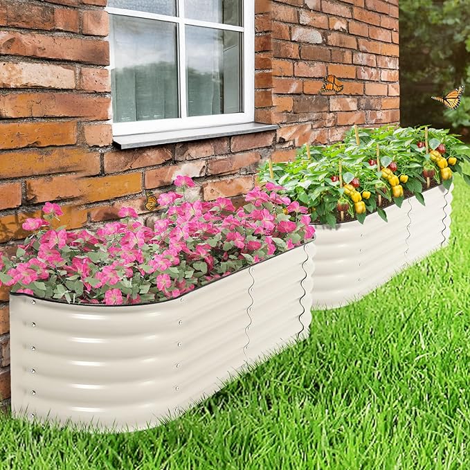 Aoodor 60 L x 15 W x 17 H Galvanized Raised Garden Bed Durable Half Moon Outdoor Planter Box for Vegetables Flowers and Herbs Beige