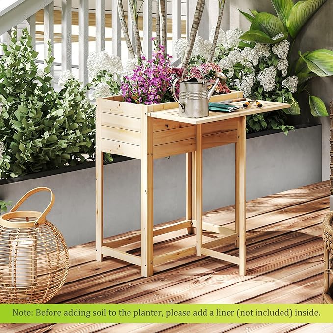 Giantex Wood Raised Garden Bed w/Folding Drop-Leaf Potting Table Planter Box for Flower Herb Vegetable Fruit Indoor Outdoor Elevated Raised Beds for Gardening Backyard Patio Balcony