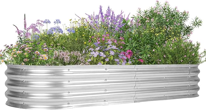5.9 x 2 x 1 Ft Galvanized Raised Garden Bed Kit Outdoor Oval Planter Box for Vegetables Flowers Herbs Deep Rooted Silver