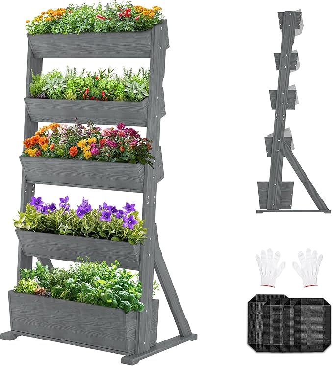 SUNYRISY 5 Tiers Vertical Raised Garden Bed Outdoor Planter Tower Wooden Freestanding Planter Box for Planting Herbs Flowers Vegetables Backyard Patio Balcony Indoor Outdoor Gardening Grey