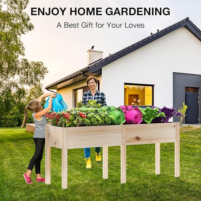 MIXC 72”L X 23”W Raised Garden Bed Outdoors with Legs Elevated Reinforced Wooden Large Planter Box for Backyard Patio Balcony w/Divider Panel 6 Legs 300lb Capacity
