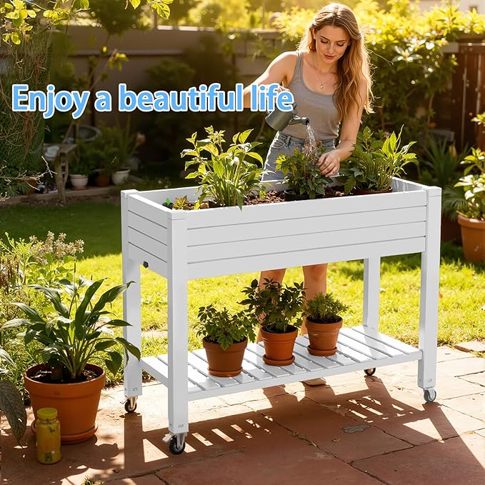 43 Elevated Garden Bed with Wheels &amp Legs 78L/21 Gal Large Raised Planter Box with Drainage &amp Water Level Indicator Mobile Herb Garden Kit for Patio &amp Balcony Grayish-White
