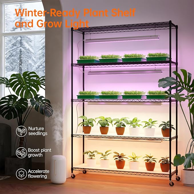 Bstrip Plant Stand with Grow Lights 5 Tier Large 47.2x17.8x71IN Plant Shelf Indoor with 3FT T5 144w Grow Light 3 Mode Full Spectrum LED Plant Light with Timer for Indoor Plants Spring Seed Starting