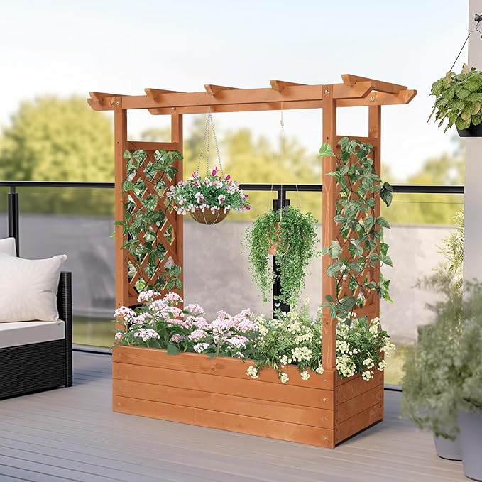Raised Garden Bed with Trellis Wooden Elevated Planter Box for Climbing Vine Flower Indoor Outdoor Wood Planter for Yard Patio