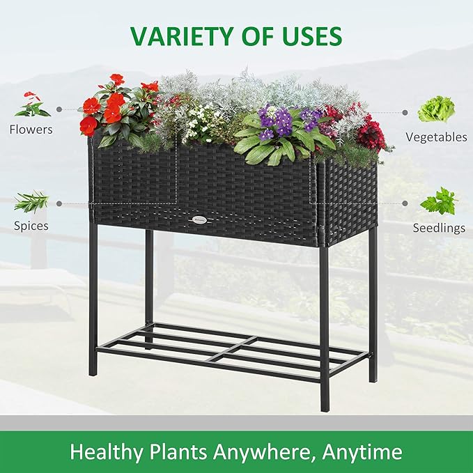 Raised Garden Bed Elevated Planter Box with Rattan Wicker Look Tool Storage Shelf Portable for Herbs Vegetables Flowers Black