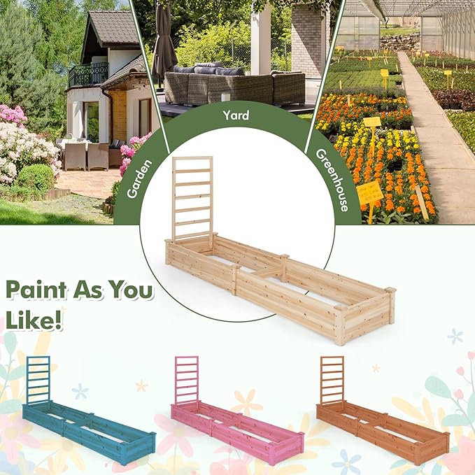 MAT EXPERT Raised Garden Bed with Trellis Natural Fir Wood Planter Box Outdoor for Vegetables &amp Flowers Fruits Cucumber Open-Ended Bottom Raised Flower Bed for Garden Patio Yard