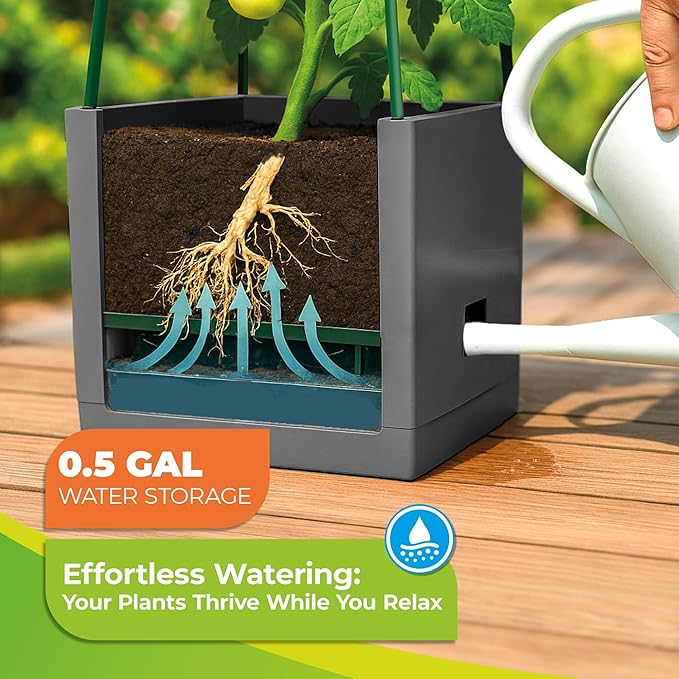 BioGreen 2 Pack Garden Tomato Planter MAXITOM with Plant Support Trellis 59 inch and Self Watering 42 Gal Planter Box for Climbing Vegetables Plants Gray