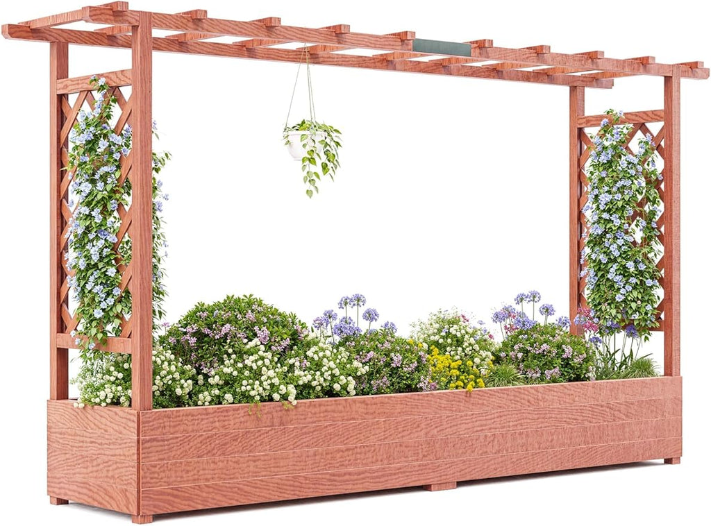 GarveeLife Raised Garden Bed with Trellis 45 in Wood Planter Box with Side Trellis Hanging Roof and 4 Drainage Holes Freestanding Elevated Garden Bed for Climbing Plants Vines Flowers