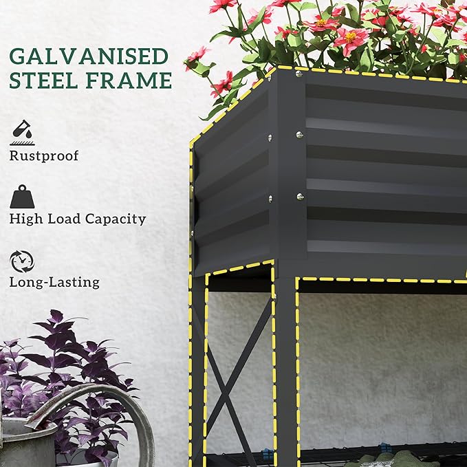 Outsunny Raised Garden Bed with Galvanized Steel Frame Storage Shelf and Bed Liner Elevated Planter Box with Legs for Vegetables Flowers Herbs Dark Gray