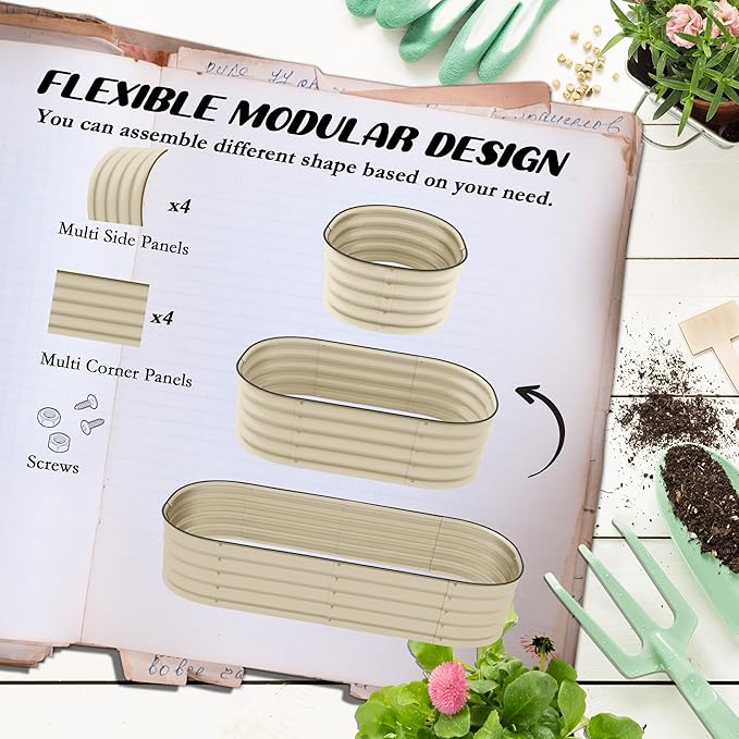 4.9' x 2' x 1' Galvanized Raised Garden Bed Kit Outdoor Metal Elevated Planter Box with Safety Edging Easy DIY Stock Tank for Growing Flowers Herbs Vegetables Cream