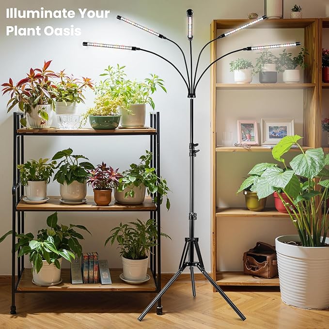 Garpsen Grow Lights for Indoor Plants [2Pack] 100 LEDs Full Spectrum Plant Light with Timer 6/12/16H 6000K Grow Lamp with 15~63''Adjustable Stand &amp Gooseneck 3 Light Modes 5 Levels Dimmable