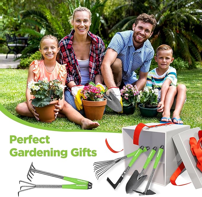 WORKPRO 6-Piece Garden Tool Set Heavy Duty Gardening Hand Tools with Soft Rubber Handle Including Trowel Rakes 2-in-1 Hoe and Crack Weeder Ideal Gardening Gifts for Men and Women