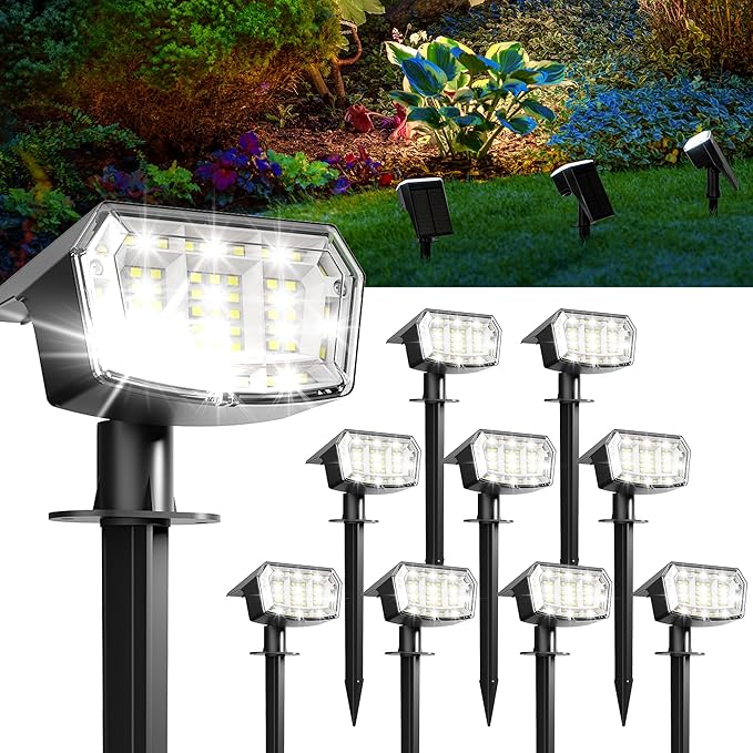 GIGALUMI Solar Spot Lights Outdoor Waterproof 10 Pack Cool White IP65 63 LED 3 Lighting Modes Spotlights for Pathway GardenYard House Garage