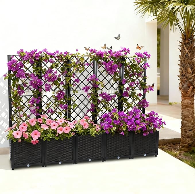 5 PCS Plastic Plant Sturdy Raised Garden Bed with Trellis 56 H Horticulture Outdoor Raised Box Privacy Screen for Patio Balcony Garden Planter Box for Backyard Patio (Gray)