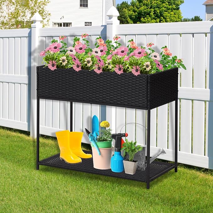 Kinsuite Rattan Raised Bed Planter - Elevated Wicker Planter Box with Tool Storage Shelf Garden Bed for Herbs Vegetables Flowers for Outdoor Indoor Black