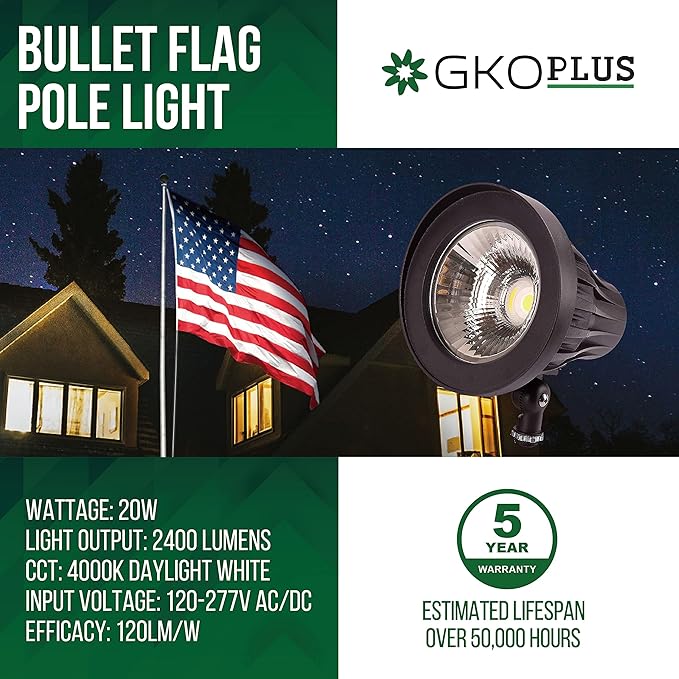 GKOLED 20W 4000k 20° Beam Angle Bullet/Round Outdoor Spotlight with 30-Pack Lengthened Waterproof Wire Connectors