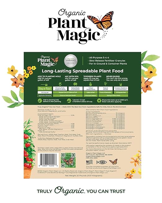 Organic Plant Magic - Truly Organic™ Long-Lasting Spreadable Plant Food: All-Purpose Fertilizer Granules for All Flower Vegetable Herb Fruit Tree Shrub Container Garden &amp House Plants [One 20 lb B