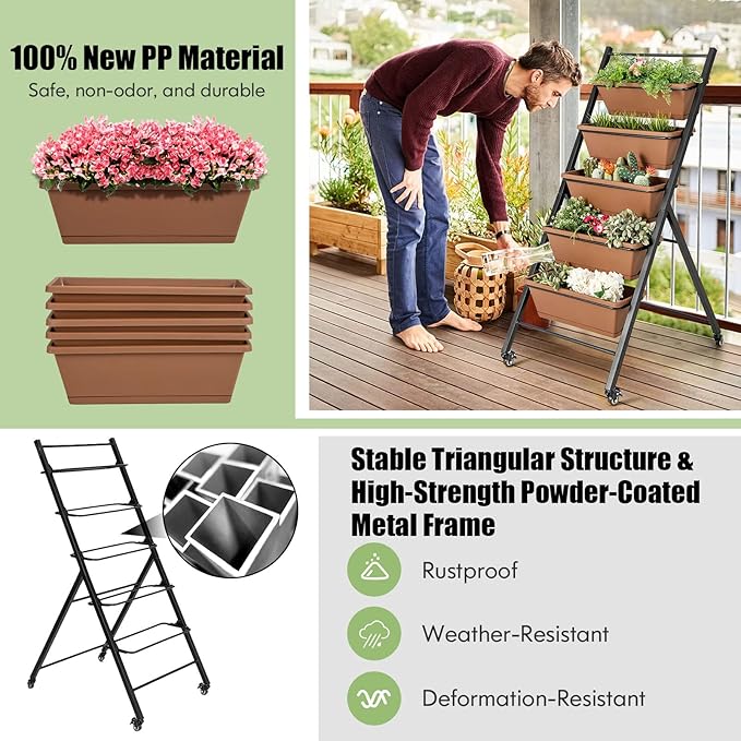 HAPPYGRILL Vertical Raised Garden Bed 5-Layer Freestanding Garden Planter with Drainage Holes Container Boxes Elevated Planter Box for Herb Vegetable Flower Growing (2 Brown)