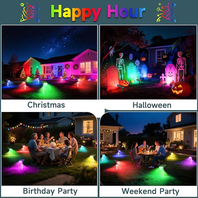 RGB Solar Spot Lights : 2 IN 1 Solar Lights Outdoor with 8 Lighting Modes &amp PC Light Guide Column for Tree Garden Yard Pathway | RGB Color Changing Landscape Lights | IP65 Waterproof | 12 Pack