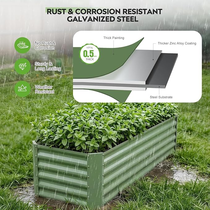 ZORMY 6×2×1.4ft Galvanized Raised Garden Bed Kit Metal Planter Boxes Outdoor High Raised Beds for Vegetables Fruits and Flowers - LotusGreen