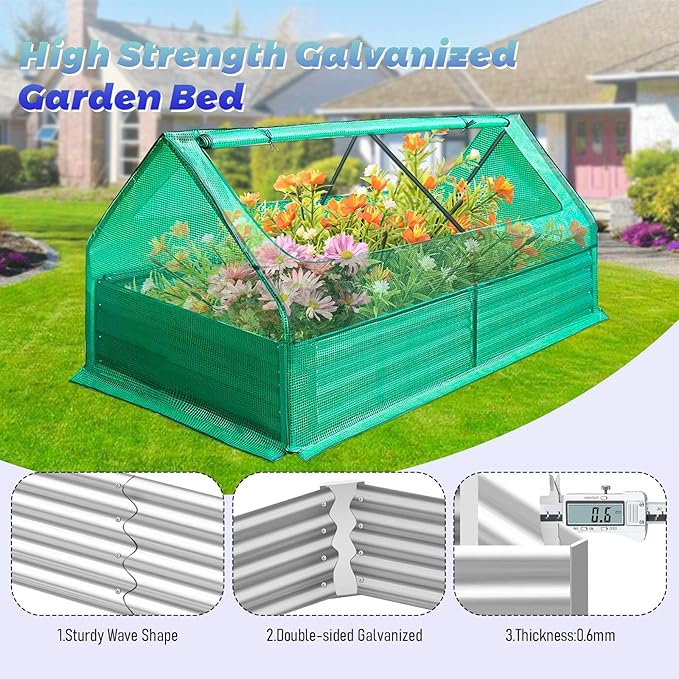 Galvanized Steel Raised Garden Bed with Mini Greenhouse Outdoor Metal Planter Box Kit with Large Roll-up Cover 73x 38x 36 Planter Raised Bed for Flower Vegetable Fruit (Green)