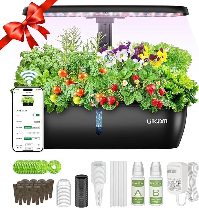litokam Hydroponics Growing System Kit 15-Pod Indoor Herb Garden Planter with 24W Grow Light &amp APP Control Indoor Gardening System with 2 Grow Modes Quiet Pump &amp 24H Timer