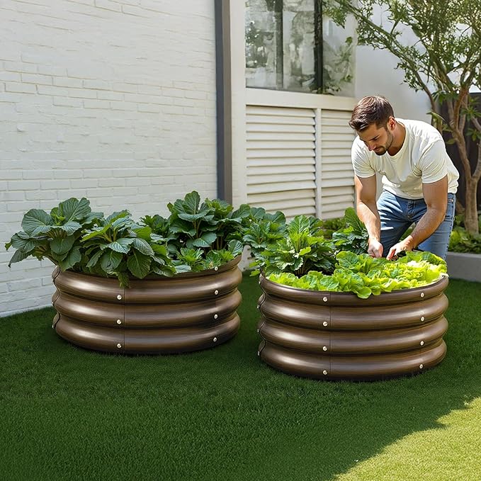 VEVOR 3 Pcs 2x2x1ft Round Galvanized Raised Garden Bed Kit Outdoor Metal Raised Beds for Gardening Vegetables Easy Assembly Garden Planter Box for Flowers Fruits with Open Base