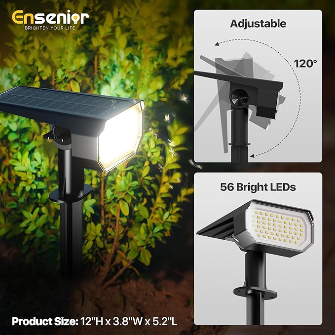 Ensenior Solar Spotlights Outdoor 56 LEDs Brightness Adjustable 6500K LED Solar Garden Lights Halloween Christmas Landscape Lighting for Flag/Yard/Pathway IP65 Waterproof - 4 Pack