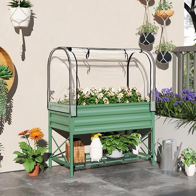 Outsunny Raised Garden Bed with Cover and Storage Shelf Rectangular Metal Elevated Planter Box with Legs and Bed Liner for Vegetables Flowers Herbs Green